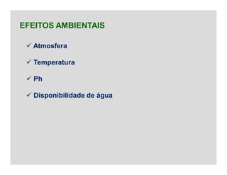  Atmosfera
 Temperatura
 Ph
 Disponibilidade de água
EFEITOS AMBIENTAIS
 