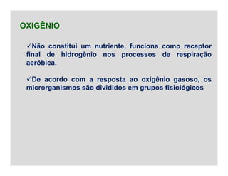 Não constitui um nutriente, funciona como receptor
final de hidrogênio nos processos de respiração
aeróbica.
De acordo com a resposta ao oxigênio gasoso, os
microrganismos são divididos em grupos fisiológicos
OXIGÊNIO
 