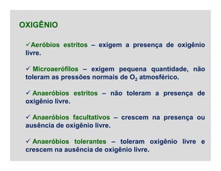 Aeróbios estritos – exigem a presença de oxigênio
livre.
 Microaerófilos – exigem pequena quantidade, não
toleram as pressões normais de O2 atmosférico.
 Anaeróbios estritos – não toleram a presença de
oxigênio livre.
 Anaeróbios facultativos – crescem na presença ou
ausência de oxigênio livre.
 Anaeróbios tolerantes – toleram oxigênio livre e
crescem na ausência de oxigênio livre.
OXIGÊNIO
 