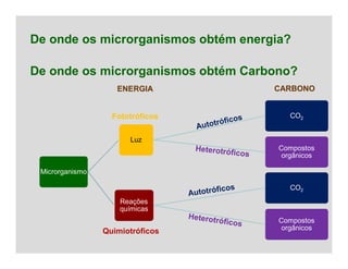 De onde os microrganismos obtém energia?
De onde os microrganismos obtém Carbono?
Microrganismo
Luz
CO2
Compostos
orgânicos
Reações
químicas
CO2
Compostos
orgânicos
Fototróficos
Quimiotróficos
ENERGIA CARBONO
 