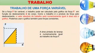 TRABALHO
TRABALHO DE UMA FORÇA VARIÁVEL
Se a força F for variável, o trabalho pode ser calculado pelo gráfico da força F em
função do deslocamento d do corpo. Como o trabalho é o produto da força pelo
deslocamento, o valor absoluto do trabalho será numericamente igual à área sob o
gráfico. Podemos usar o gráfico também para forças constantes.
A área pintada de laranja
é numericamente igual
ao trabalho da força F.
 