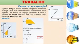 TRABALHO
Vamos dar um exemplo?
O gráfico da figura ao lado mostra a variação da intensidade
da força F que atua sobre um corpo, paralelamente a sua
trajetória, em função do espaço percorrido d. Qual o
trabalho, em Joules, realizado pela força quando o corpo
vai de d = 2m para d = 6m?
Resposta:
 