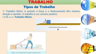 TRABALHO
Tipos de Trabalho
1- Trabalho Motor: é quando a força e o deslocamento têm mesma
direção e sentido. O trabalho é um número positivo.
 > 0 ------- Trabalho Motor.
 