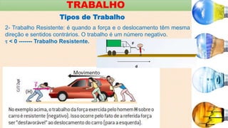 TRABALHO
Tipos de Trabalho
2- Trabalho Resistente: é quando a força e o deslocamento têm mesma
direção e sentidos contrários. O trabalho é um número negativo.
 < 0 ------- Trabalho Resistente.
 