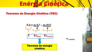 Teorema da Energia Cinética (TEC)
F.d = m.Vf
2 – m.(Vi)2
2 2
t Ecfinal Ecinicial
Teorema da energia
cinética
*t= Trabalho
 