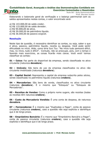 Contabilidade Geral, Avançada e Análise das Demonstrações Contábeis em
Exercícios Comentados e Resolvidos
Aula 00 - Aula Demonstrativa
Prof. Moraes Junior
www.pontodosconcursos.com.br | Prof. Moraes Junior 10
Elaborando o balancete geral de verificação e o balanço patrimonial com os
saldos apresentados nestas contas, o valor encontrado será:
a) R$ 143.000,00 de saldo credor.
b) R$ 133.000,00 de saldo devedor.
c) R$ 90.000,00 de ativo.
d) R$ 59.000,00 de patrimônio líquido.
e) R$ 36.000,00 de passivo exigível.
Resolução
Neste tipo de questão, é necessário identificar as contas, ou seja, saber o que
é ativo, passivo, patrimônio líquido, receita ou despesa. Você pode sentir
dificuldade no início. Aliás, como diria Sun Tzu: “No início tudo parecerá difícil,
mas, no início, tudo é difícil”. Contudo, não se preocupe, pois, com o tempo e
fazendo mais exercícios, as coisas ficarão mais claras. Você verá! Vamos
classificar as contas:
01 – Caixa: Faz parte do disponível da empresa, sendo classificada no ativo
circulante (natureza devedora).
02 – Imóveis: São bens de uso da empresa classificados no ativo não
circulante imobilizado (natureza devedora).
03 - Capital Social: Representa o capital da empresa subscrito pelos sócios,
sendo classificada no patrimônio líquido (natureza credora).
04 – Mercadorias: São bens de venda, classificados no ativo circulante
(natureza devedora). É o mesmo que “Estoques” ou “Estoques de
Mercadorias”.
05 - Receitas de Vendas: Como o próprio nome sugere, são receitas (todas
as receitas têm natureza credora).
06 - Custo da Mercadoria Vendida: É uma conta de despesa, de natureza
devedora.
07 – Fornecedores: É o mesmo que “Duplicatas a Pagar”, conta do passivo
circulante (natureza credora), caso a questão não seja explícita e identifique
que é de longo prazo.
08 – Empréstimo Bancário: É o mesmo que “Empréstimo Bancário a Pagar”,
conta do passivo circulante (natureza credora), caso a questão não seja
explícita e identifique que é de longo prazo.
 