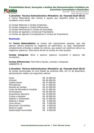 Contabilidade Geral, Avançada e Análise das Demonstrações Contábeis em
Exercícios Comentados e Resolvidos
Aula 00 - Aula Demonstrativa
Prof. Moraes Junior
www.pontodosconcursos.com.br | Prof. Moraes Junior 9
4.(Analista Técnico-Administrativo–Ministério da Fazenda-Esaf-2013)
A Teoria Materialista das Contas é aquela que classifica todos os títulos
contábeis como sendo
a) Contas Materiais e Contas Imateriais.
b) Contas Integrais e Contas Diferenciais.
c) Contas Patrimoniais e Contas de Resultado.
d) Contas de Agentes e Contas do Proprietário.
e) Contas de Agentes Consignatários e Contas do Proprietário.
Resolução
Na Teoria Materialística as contas não representam pessoas, pois são
apenas valores positivos ou negativos do patrimônio, ou seja, representam
simplesmente entradas e saídas de valores, que podem ser positivos (ativo) ou
negativos (passivo). Esta teoria divide as contas em dois grupos:
Contas Integrais: Ativo e passivo (passivo circulante e passivo não
circulante).
Contas Diferenciais: Patrimônio líquido, receitas e despesas.
GABARITO: B
5.(Analista Técnico-Administrativo–Ministério da Fazenda-Esaf-2013)
As contas escrituradas no livro Razão da empresa Alfa, em 31 de dezembro,
apresentaram saldos nos seguintes valores:
Caixa R$ 15.000,00
Imóveis R$ 40.000,00
Capital Social R$ 57.000,00
Mercadorias R$ 17.000,00
Receita de Vendas R$ 32.000,00
Custo da Mercadoria Vendida R$ 21.000,00
Fornecedores R$ 26.000,00
Empréstimo Bancário R$ 10.000,00
Contas a Receber R$ 18.000,00
Salários e Ordenados R$ 12.000,00
Salários a Pagar R$ 6.000,00
Juros Ativos R$ 5.000,00
Descontos Concedidos R$ 4.000,00
Reserva Legal R$ 2.000,00
Depreciação Acumulada R$ 6.000,00
 
