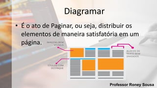 Professor Roney Sousa
Diagramar
• É o ato de Paginar, ou seja, distribuir os
elementos de maneira satisfatória em um
página.
 