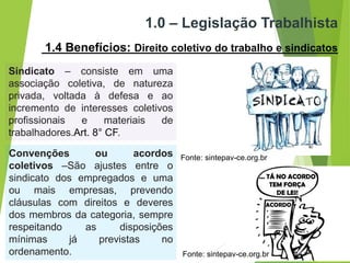 1.0 – Legislação Trabalhista
1.4 Benefícios: Direito coletivo do trabalho e sindicatos
Convenções ou acordos
coletivos –São ajustes entre o
sindicato dos empregados e uma
ou mais empresas, prevendo
cláusulas com direitos e deveres
dos membros da categoria, sempre
respeitando as disposições
mínimas já previstas no
ordenamento.
Sindicato – consiste em uma
associação coletiva, de natureza
privada, voltada à defesa e ao
incremento de interesses coletivos
profissionais e materiais de
trabalhadores.Art. 8° CF.
Fonte: sintepav-ce.org.br
Fonte: sintepav-ce.org.br
 