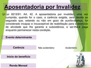 Aposentadoria por Invalidez
 Lei 8213/91: Art. 42. A aposentadoria por invalidez, uma vez
cumprida, quando for o caso, a carência exigida, será devida ao
segurado que, estando ou não em gozo de auxílio-doença, for
considerado incapaz e insusceptível de reabilitação para o exercício
de atividade que lhe garanta a subsistência, e ser-lhe-á paga
enquanto permanecer nesta condição.
Evento determinante
Carência
Inicio do benefício
Renda Mensal
Não acidentário: Acidentário:
 