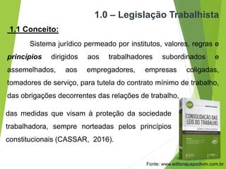 1.0 – Legislação Trabalhista
1.1 Conceito:
Sistema jurídico permeado por institutos, valores, regras e
princípios dirigidos aos trabalhadores subordinados e
assemelhados, aos empregadores, empresas coligadas,
tomadores de serviço, para tutela do contrato mínimo de trabalho,
das obrigações decorrentes das relações de trabalho,
Fonte: www.editorajuspodivm.com.br
das medidas que visam à proteção da sociedade
trabalhadora, sempre norteadas pelos princípios
constitucionais (CASSAR, 2016).
 