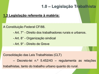 1.0 – Legislação Trabalhista
1.3 Legislação referente à matéria:
A Constituição Federal CF/88.
- Art. 7° - Direito dos trabalhadores rurais e urbanos.
- Art. 8° - Organização sindical
- Art. 9° - Direito de Greve
Consolidação das Leis Trabalhistas (CLT)
– Decreto-lei n.º 5.452/43 – regulamenta as relações
trabalhistas, tanto do trabalho urbano quanto do rural.
 