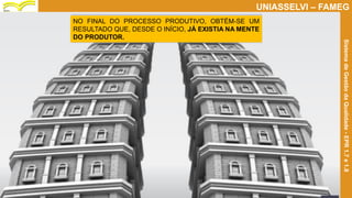 Prof. Claudio Bernardi Stringari, Eng. Esp.
11
UNIASSELVI – FAMEG
SistemadeGestãodaQualidade-EPR1.7e1.8
NO FINAL DO PROCESSO PRODUTIVO, OBTÉM-SE UM
RESULTADO QUE, DESDE O INÍCIO, JÁ EXISTIA NA MENTE
DO PRODUTOR.
 