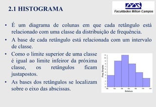 2.1 HISTOGRAMA
• É um diagrama de colunas em que cada retângulo está
relacionado com uma classe da distribuição de frequência.
• A base de cada retângulo está relacionada com um intervalo
de classe.
• Como o limite superior de uma classe
é igual ao limite infeiror da próxima
classe, os retângulos ficam
justapostos.
• As bases dos retângulos se localizam
sobre o eixo das abscissas.
 