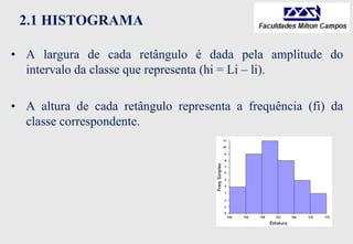2.1 HISTOGRAMA
• A largura de cada retângulo é dada pela amplitude do
intervalo da classe que representa (hi = Li – li).
• A altura de cada retângulo representa a frequência (fi) da
classe correspondente.
 