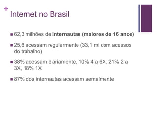 Internet no Brasil62,3 milhões de internautas (maiores de 16 anos)25,6 acessam regularmente (33,1 mi com acessos do trabalho)38% acessam diariamente, 10% 4 a 6X, 21% 2 a 3X, 18% 1X87% dos internautas acessam semalmente