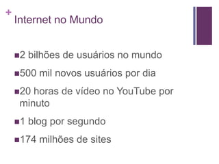 Internet no Mundo2 bilhões de usuários no mundo500 mil novos usuários por dia20 horas de vídeo no YouTube por minuto1 blog por segundo174 milhões de sites