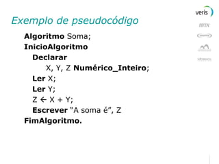 Exemplo de pseudocódigo Algoritmo  Soma; InicioAlgoritmo Declarar X, Y, Z  Numérico_Inteiro ; Ler  X; Ler  Y; Z    X + Y; Escrever  “A soma é”, Z FimAlgoritmo. 