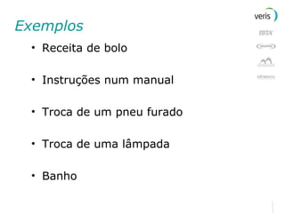 Exemplos Receita de bolo Instruções num manual Troca de um pneu furado Troca de uma lâmpada Banho 