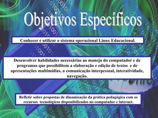 Objetivos Específicos Conhecer e utilizar o sistema operacional Linux Educacional. Desenvolver habilidades necessárias ao manejo do computador e de programas que possibilitem a elaboração e edição de textos  e de apresentações multimídias, a comunicação interpessoal, interatividade, navegação. Refletir sobre propostas de dinamização da prática pedagógica com os recursos  tecnológicos disponibilizados no computador e internet. 