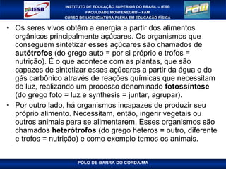 Os seres vivos obtêm a energia a partir dos alimentos orgânicos principalmente açúcares. Os organismos que conseguem sintetizar esses açúcares são chamados de  autótrofos  (do grego auto = por si próprio e trofos = nutrição). É o que acontece com as plantas, que são capazes de sintetizar esses açúcares a partir da água e do gás carbônico através de reações químicas que necessitam de luz, realizando um processo denominado  fotossíntese  (do grego foto = luz e synthesis = juntar, agrupar). Por outro lado, há organismos incapazes de produzir seu próprio alimento. Necessitam, então, ingerir vegetais ou outros animais para se alimentarem. Esses organismos são chamados  heterótrofos  (do grego heteros = outro, diferente e trofos = nutrição) e como exemplo temos os animais. 