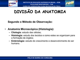 DIVISÃO DA ANATOMIA Segundo o Método de Observação: Anatomia Microscópica (Histologia): Citologia:  estudo das células; Histologia:  estudo dos tecidos e como estes se organizam para a formação de órgãos; Embriologia:  estudo do crescimento e desenvolvimento do ser humano. PÓLO DE BARRA DO CORDA/MA 