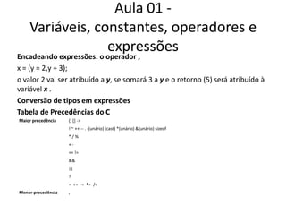 Aula 01 - Variáveis, constantes, operadores e expressõesEncadeandoexpressões: o operador ,x = (y = 2,y + 3);o valor 2 vai ser atribuído a y, se somará 3 a y e o retorno (5) será atribuído à variável x .Conversão de tipos em expressõesTabela de Precedências do C