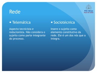 Rede
 Telemática                     Sociotécnica
Aspecto tecnicista e            Insere o sujeito como
reducionista. Não considera o   elemento constitutivo da
sujeito como parte integrante   rede. Ele é um dos nós que a
do processo.                    integra.
 