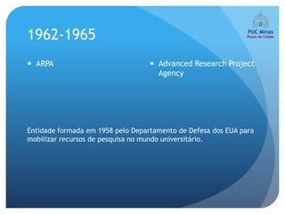 1962-1965
 ARPA                              Advanced Research Project
                                     Agency




Entidade formada em 1958 pelo Departamento de Defesa dos EUA para
mobilizar recursos de pesquisa no mundo universitário.
 