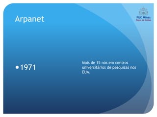 Arpanet




          Mais de 15 nós em centros
1971     universitários de pesquisas nos
          EUA.
 