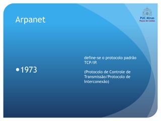 Arpanet



          define-se o protocolo padrão
          TCP/IP.

1973     (Protocolo de Controle de
          Transmissão/Protocolo de
          Interconexão)
 