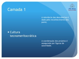 Camada 1
                       A relevância das descobertas é
                       dada pelo reconhecimento dos
                       pares;




 Cultura
  tecnomeritocrática
                       A coordenação dos projetos é
                       assegurada por figuras de
                       autoridade.
 