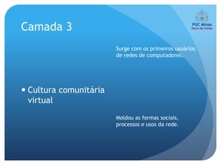 Camada 3
                        Surge com os primeiros usuários
                        de redes de computadores.




 Cultura comunitária
  virtual
                        Moldou as formas sociais,
                        processos e usos da rede.
 