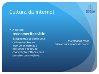 Cultura da internet


 A cultura
  tecnomeritocrátic
  a especifica-se como uma
  cultura hacker ao                    As camadas estão
  incorporar normas e        hierarquicamente dispostas
  costumes a redes de
  cooperação voltadas para
  projetos tecnológicos.
 