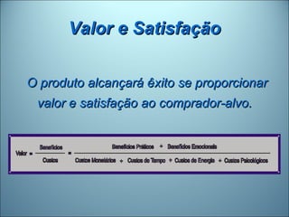 Valor e Satisfação

O produto alcançará êxito se proporcionar
 valor e satisfação ao comprador-alvo.
 