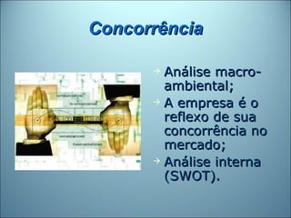 Concorrência

       Análise macro-
        ambiental;
       A empresa é o

        reflexo de sua
        concorrência no
        mercado;
       Análise interna

        (SWOT).
 