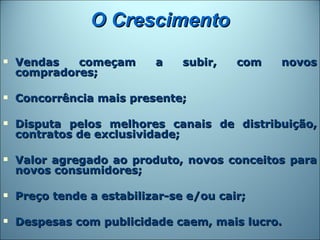 O Crescimento
   Vendas   começam       a    subir,   com   novos
    compradores;

   Concorrência mais presente;

   Disputa pelos melhores canais de distribuição,
    contratos de exclusividade;

   Valor agregado ao produto, novos conceitos para
    novos consumidores;

   Preço tende a estabilizar-se e/ou cair;

   Despesas com publicidade caem, mais lucro.
 