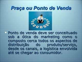 Praça ou Ponto de Venda



   Ponto de venda deve ser conceituado
    sob a ótica do marketing como o
    composto cerca todos os aspectos de
    distribuição   do    produto/serviço,
    desde os canais, a logística envolvida
    até se chegar ao consumidor.
 