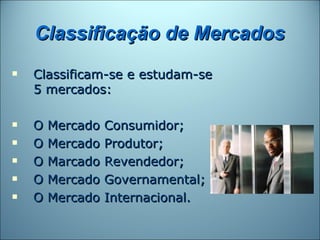 Classificação de Mercados
   Classificam-se e estudam-se
    5 mercados:

   O Mercado Consumidor;
   O Mercado Produtor;
   O Marcado Revendedor;
   O Mercado Governamental;
   O Mercado Internacional.
 