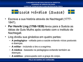 FUNDAMENTOS METODOLÓGICOS DA GINÁSTICA
                        LEONARDO DE ARRUDA DELGADO
                CURSO DE LICENCIATURA PLENA EM EDUCAÇÃO FÍSICA



          Escola Nórdica (Sueca)
• Escreve a sua história através de Nachtegall (1777-
  1847).
• Per Henrik Ling (1766-1839) levou para a Suécia as
  idéias de Guts Muths após contato com o instituto de
  Nachtegall.
• Ling dividiu sua ginástica em quatro partes:
   – A pedagógica - voltada para a saúde evitando vícios posturais
     e doenças.
   – A militar - incluindo o tiro e a esgrima.
   – A médica - baseada na pedagógica evitando também as
     doenças.
   – A estética - preocupada com a graça do corpo.
                     PÓLO DE BARRA DO CORDA/MA
 