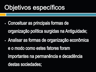 Objetivos específicosConceituar as principais formas de organização política surgidas na Antiguidade;
