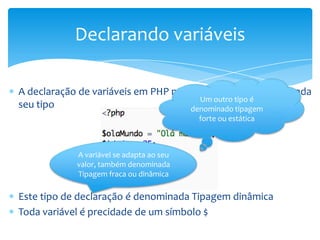 Declarando variáveis

A declaração de variáveis em PHP não necessita que seja indicada
                                       Um outro tipo é
seu tipo                             denominado tipagem
                                          forte ou estática



            A variável se adapta ao seu
            valor, também denominada
            Tipagem fraca ou dinâmica

Este tipo de declaração é denominada Tipagem dinâmica
Toda variável é precidade de um símbolo $
 