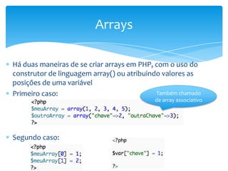 Arrays

Há duas maneiras de se criar arrays em PHP, com o uso do
construtor de linguagem array() ou atribuindo valores as
posições de uma variável
Primeiro caso:                              Também chamado
                                           de array associativo




Segundo caso:
 