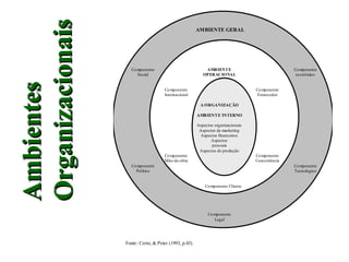 Organizacionais
                                                        AMBIENTE GERAL




                     Co mponente                            AMBIENTE                              Co mponente
                        Social                             OPERACIONAL                             econômico
Ambientes
                                      Co mponente                                  Co mponente
                                      Internacional                                 Fornecedor

                                                         A ORGANIZAÇÃO

                                                        AMB IENT E INTERNO

                                                        Aspectos organizacionais
                                                         Aspectos de marketing
                                                         Aspectos financeiros
                                                               Aspectos
                                                               pessoais
                                                         Aspectos de produção
                                      Co mponente                                  Co mponente
                                      Mão-de-obra                                  Concorrência
                     Co mponente                                                                  Co mponente
                       Político                                                                   Tecnológico


                                                            Co mponente Cliente




                                                              Co mponente
                                                                 Legal




                  Fonte: Certo, & Peter (1993, p.43).
 