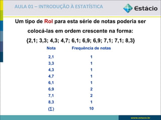 AULA 01 – INTRODUÇÃO À ESTATÍSTICA

Um tipo de Rol para esta série de notas poderia ser
    colocá-las em ordem crescente na forma:
    {2,1; 3,3; 4,3; 4,7; 6,1; 6,9; 6,9; 7,1; 7,1; 8,3}
             Nota       Frequência de notas

              2,1                1
              3,3                1
              4,3                1
              4,7                1
              6,1                1
              6,9                2
              7,1                2
              8,3                1
              (∑)               10
 