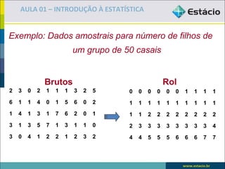 AULA 01 – INTRODUÇÃO À ESTATÍSTICA


Exemplo: Dados amostrais para número de filhos de
                            um grupo de 50 casais


                Brutos                                   Rol
2   3   0   2   1   1   1   3   2   5    0   0   0   0   0   0   1   1   1   1
6   1   1   4   0   1   5   6   0   2    1   1   1   1   1   1   1   1   1   1
1   4   1   3   1   7   6   2   0   1    1   1   2   2   2   2   2   2   2   2
3   1   3   5   7   1   3   1   1   0    2   3   3   3   3   3   3   3   3   4
3   0   4   1   2   2   1   2   3   2    4   4   5   5   5   6   6   6   7   7
 
