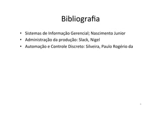 Bibliografia)
• Sistemas)de)Informação)Gerencial;)Nascimento)Junior)
• Administração)da)produção:)Slack,)Nigel)
• Automação)e)Controle)Discreto:)Silveira,)Paulo)Rogério)da))
4)