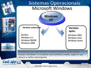 Microsoft Windows
                             Windows
                                XP

      Versões anteriores:                            Versões
  :
                                                     após:
  Ms/Dos                                            Windows 2003
  Windows 3.1                                       Windows Vista
  Windows 98/ME                                     Windows Seven
  Windows 2000


Mas porque usar o Windows XP se existem outros S.O mais atuais?
Porque o Windows 7 é o sistema mais confiável, simples, seguro e que
oferece o melhor desempenho.


                  Instrutor: Washington Silva
 