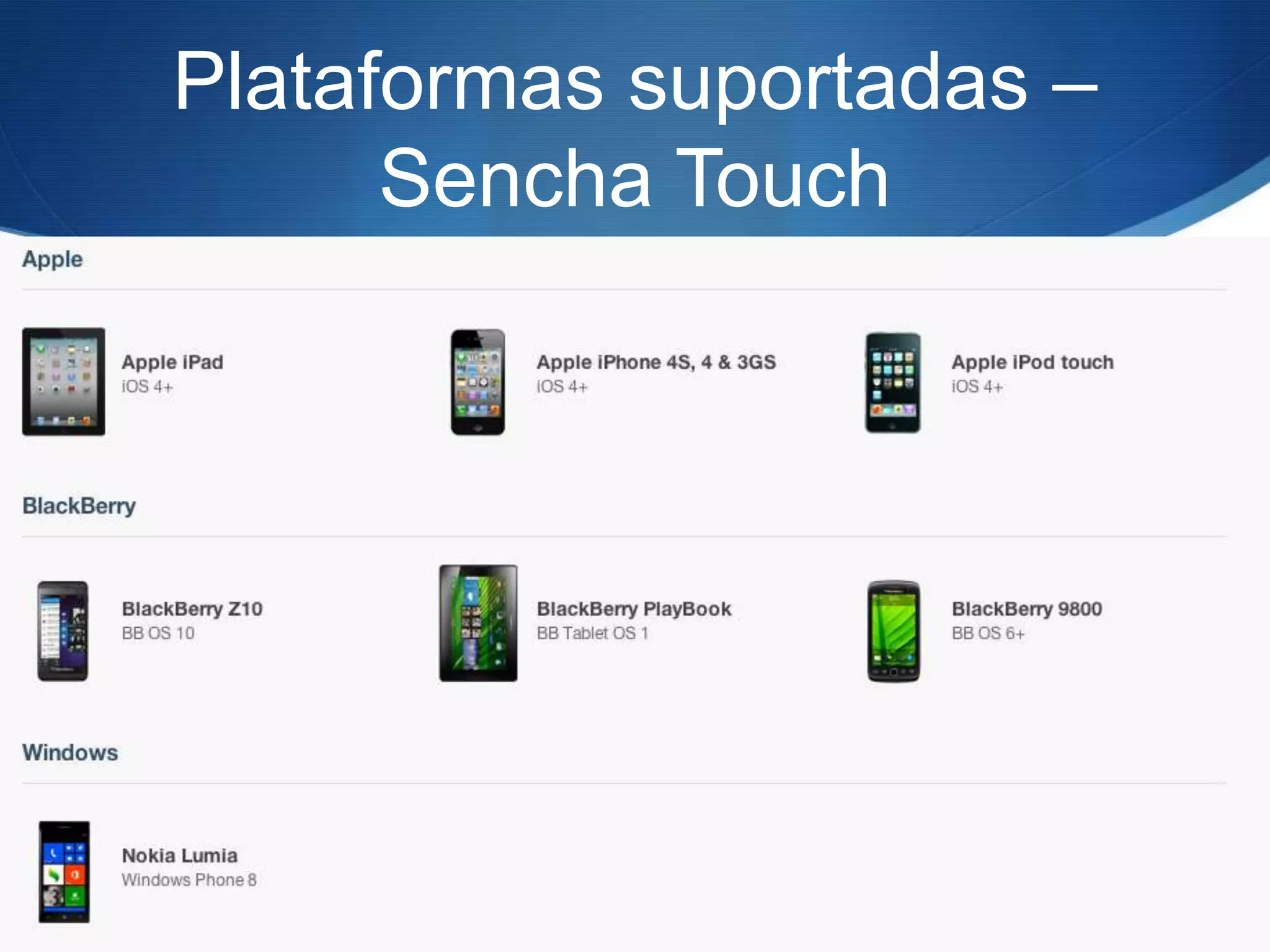 Plataformas suportadas –
      Sencha Touch
 
