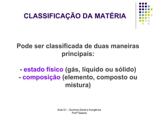 CLASSIFICAÇÃO DA MATÉRIA

Pode ser classificada de duas maneiras
principais:
- estado físico (gás, líquido ou sólido)
- composição (elemento, composto ou
mistura)

Aula 01 – Química Geral e Inorgânica
Profª Daiane

 
